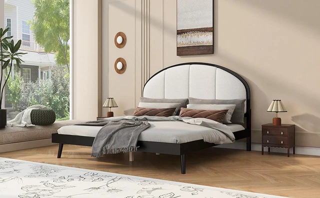 Alt view image 4 of 7 - Queen Size Upholstered Platform Bed Frame with Linen Headboard, Black, Solid Wood, Beds Frames Bases