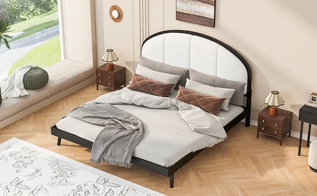 Alt view image 6 of 7 - Queen Size Upholstered Platform Bed Frame with Linen Headboard, Black, Solid Wood, Beds Frames Bases
