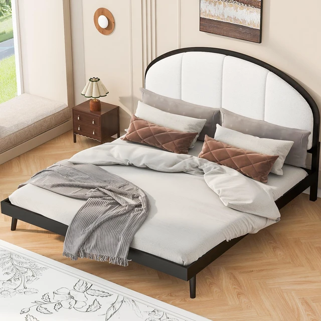 Alt view image 2 of 7 - Queen Size Upholstered Platform Bed Frame with Linen Headboard, Black, Solid Wood, Beds Frames Bases