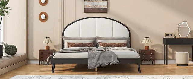 Alt view image 7 of 7 - Queen Size Upholstered Platform Bed Frame with Linen Headboard, Black, Solid Wood, Beds Frames Bases