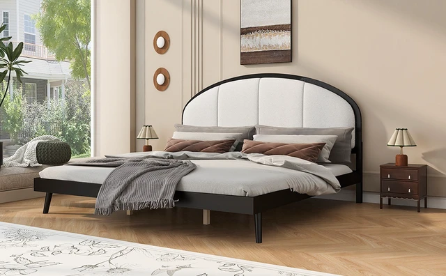 Alt view image 4 of 7 - King Size Upholstered Platform Bed Frame with Linen Headboard, Black, Solid Wood, Beds Frames Bases