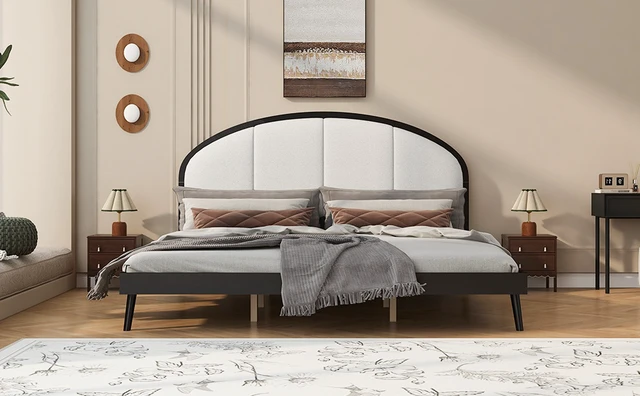 Alt view image 5 of 7 - King Size Upholstered Platform Bed Frame with Linen Headboard, Black, Solid Wood, Beds Frames Bases