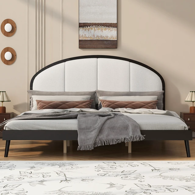 Alt view image 2 of 7 - King Size Upholstered Platform Bed Frame with Linen Headboard, Black, Solid Wood, Beds Frames Bases