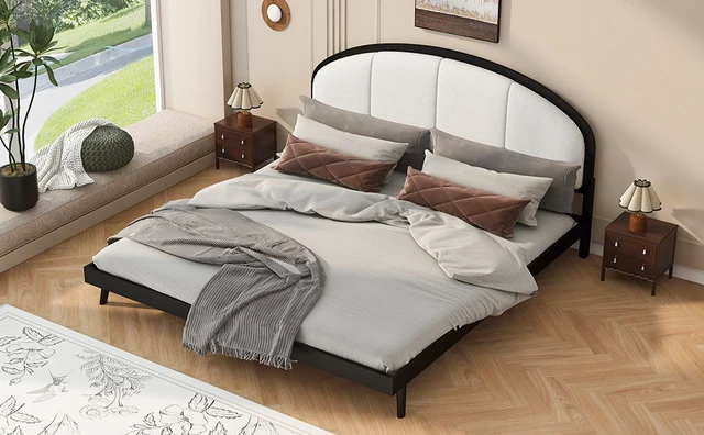 Alt view image 6 of 7 - King Size Upholstered Platform Bed Frame with Linen Headboard, Black, Solid Wood, Beds Frames Bases