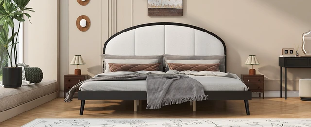 Alt view image 7 of 7 - King Size Upholstered Platform Bed Frame with Linen Headboard, Black, Solid Wood, Beds Frames Bases