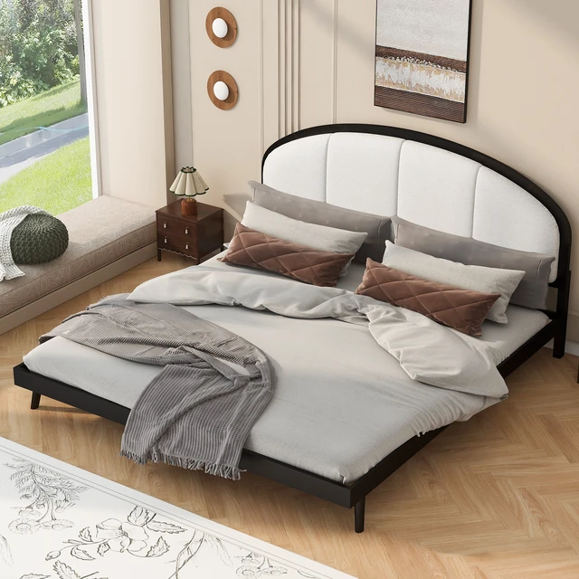 Alt view image 3 of 7 - King Size Upholstered Platform Bed Frame with Linen Headboard, Black, Solid Wood, Beds Frames Bases