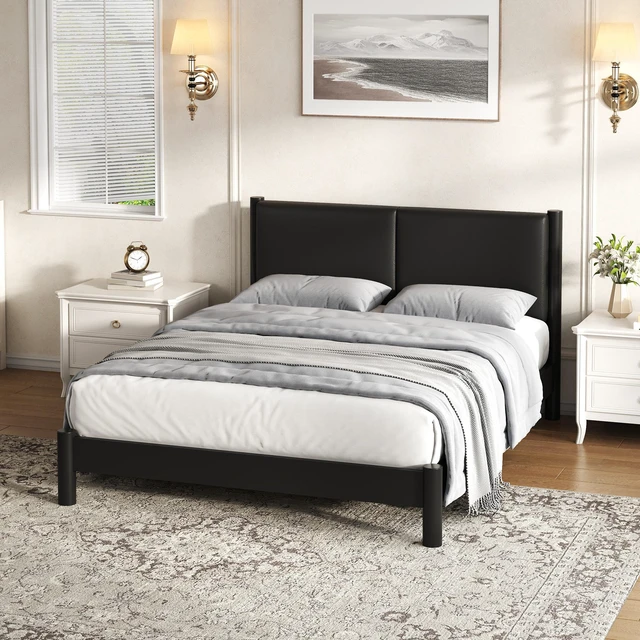 Alt view image 2 of 7 - Wooden Platform Bed with Leather Headboard, Queen, Black, PU, Beds Frames Bases