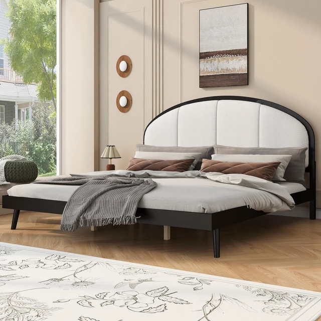 Main image of King Size Upholstered Platform Bed Frame with Linen Headboard, Black, Solid Wood, Beds Frames Bases