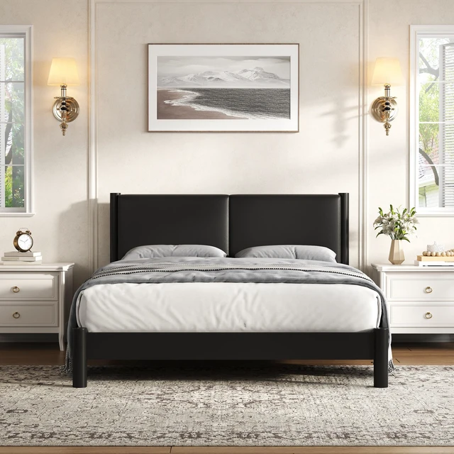 Alt view image 3 of 7 - Wooden Platform Bed with Leather Headboard, Queen, Black, PU, Beds Frames Bases
