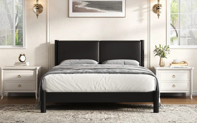 Alt view image 7 of 7 - Wooden Platform Bed with Leather Headboard, Queen, Black, PU, Beds Frames Bases