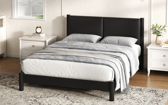 Alt view image 5 of 7 - Wooden Platform Bed with Leather Headboard, Queen, Black, PU, Beds Frames Bases