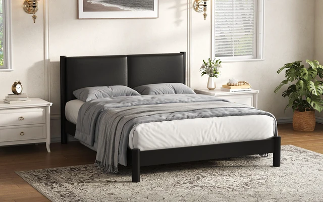 Alt view image 6 of 7 - Wooden Platform Bed with Leather Headboard, Queen, Black, PU, Beds Frames Bases