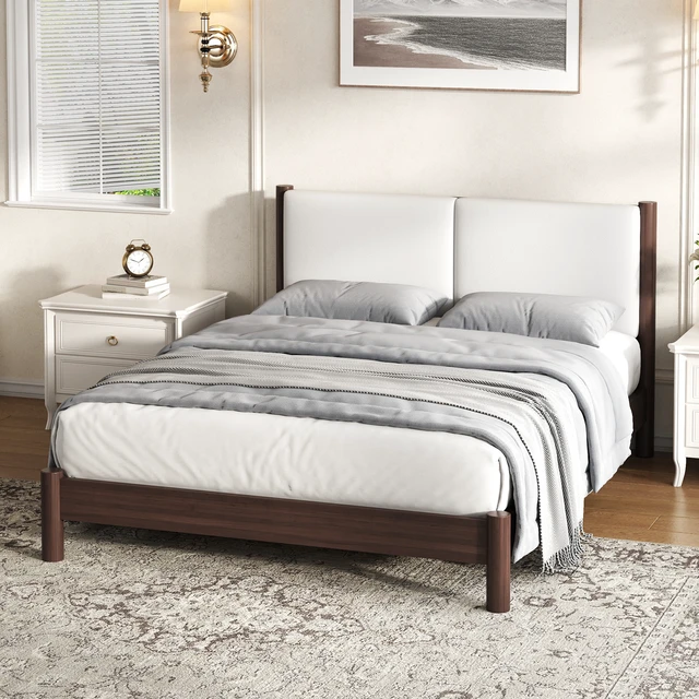 Alt view image 3 of 7 - Wooden Platform Bed with Leather Headboard, Queen, Espresso, PU, Beds Frames Bases