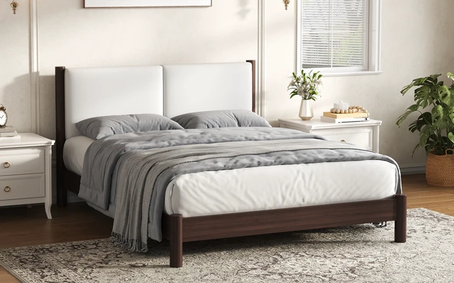 Alt view image 5 of 7 - Wooden Platform Bed with Leather Headboard, Queen, Espresso, PU, Beds Frames Bases