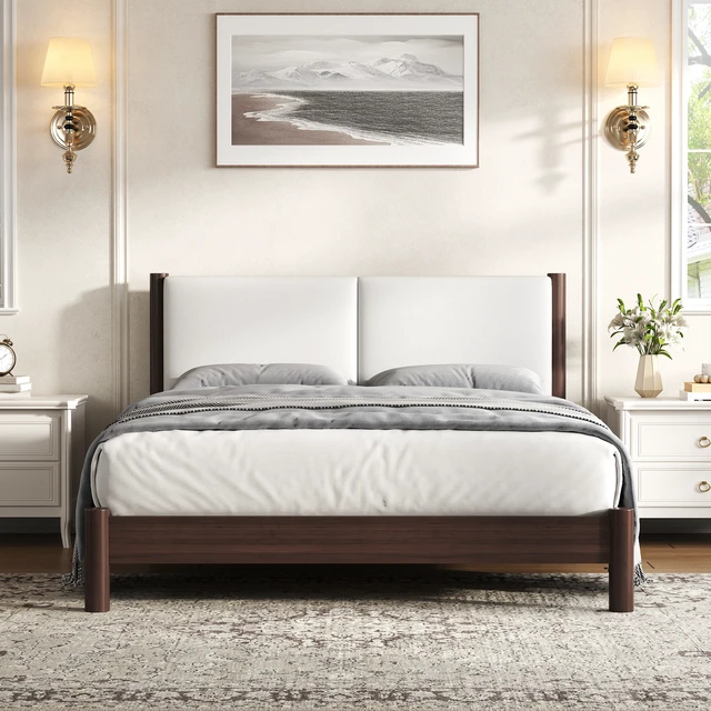 Alt view image 2 of 7 - Wooden Platform Bed with Leather Headboard, Queen, Espresso, PU, Beds Frames Bases