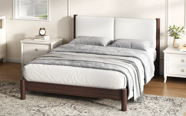 Alt view image 4 of 7 - Wooden Platform Bed with Leather Headboard, Queen, Espresso, PU, Beds Frames Bases