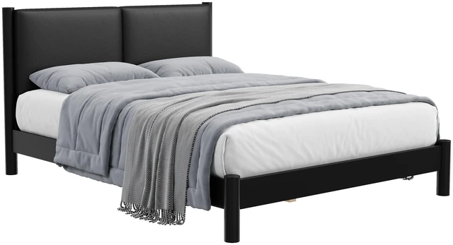 Alt view image 4 of 7 - Wooden Platform Bed with Leather Headboard, Queen, Black, PU, Beds Frames Bases
