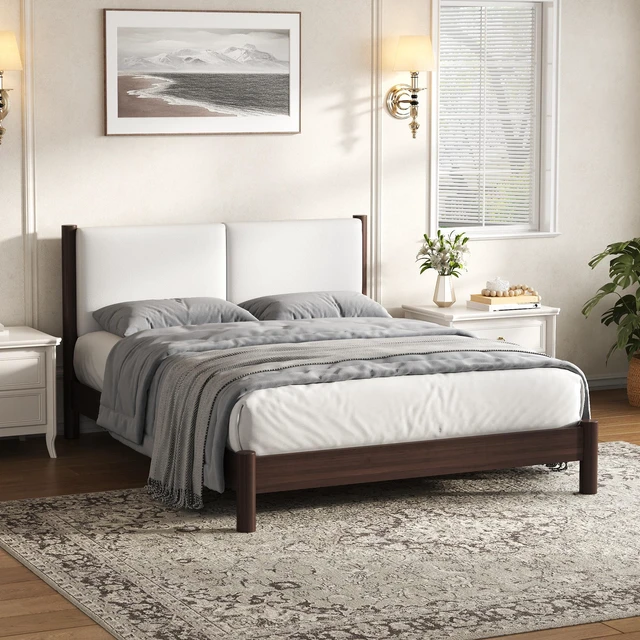 Main image of Wooden Platform Bed with Leather Headboard, Queen, Espresso, PU, Beds Frames Bases