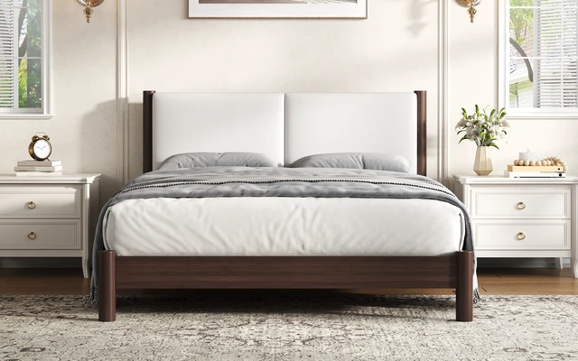 Alt view image 6 of 7 - Wooden Platform Bed with Leather Headboard, Queen, Espresso, PU, Beds Frames Bases