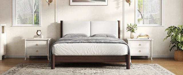 Alt view image 7 of 7 - Wooden Platform Bed with Leather Headboard, Queen, Espresso, PU, Beds Frames Bases