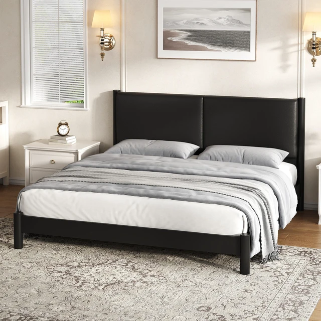 Alt view image 2 of 7 - Wooden Platform Bed with Leather Headboard, King, Black, PU, Beds Frames Bases