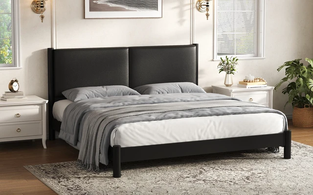 Alt view image 4 of 7 - Wooden Platform Bed with Leather Headboard, King, Black, PU, Beds Frames Bases