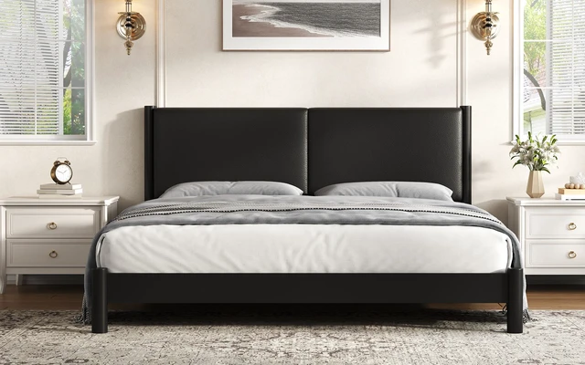 Alt view image 6 of 7 - Wooden Platform Bed with Leather Headboard, King, Black, PU, Beds Frames Bases