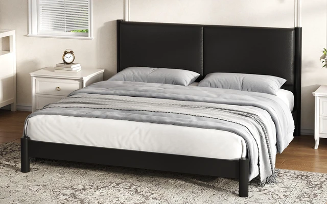 Alt view image 5 of 7 - Wooden Platform Bed with Leather Headboard, King, Black, PU, Beds Frames Bases