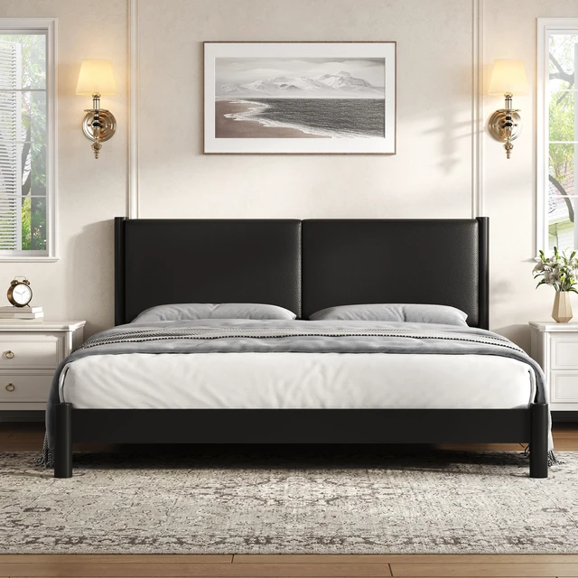 Alt view image 3 of 7 - Wooden Platform Bed with Leather Headboard, King, Black, PU, Beds Frames Bases