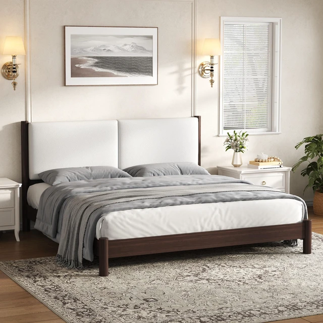 Main image of Wooden Platform Bed with Leather Headboard, King, Espresso, PU, Beds Frames Bases
