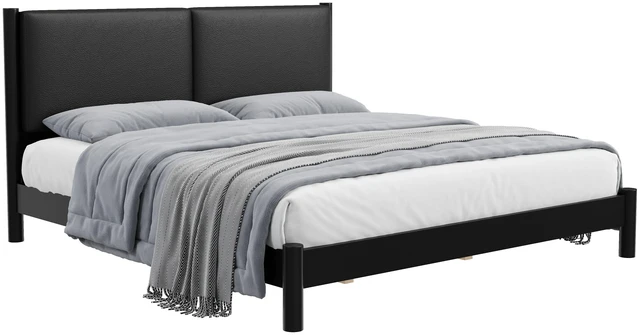 Alt view image 7 of 7 - Wooden Platform Bed with Leather Headboard, King, Black, PU, Beds Frames Bases