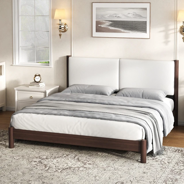 Alt view image 2 of 7 - Wooden Platform Bed with Leather Headboard, King, Espresso, PU, Beds Frames Bases