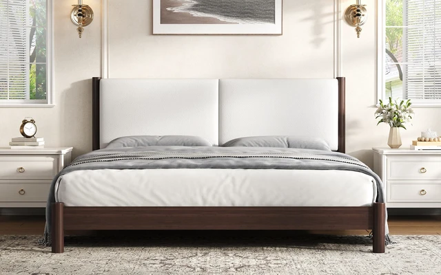 Alt view image 4 of 7 - Wooden Platform Bed with Leather Headboard, King, Espresso, PU, Beds Frames Bases