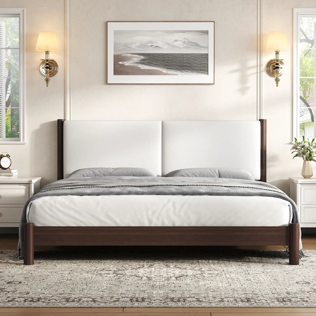 Alt view image 3 of 7 - Wooden Platform Bed with Leather Headboard, King, Espresso, PU, Beds Frames Bases