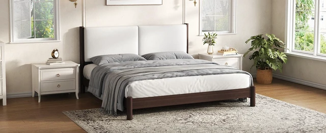 Alt view image 7 of 7 - Wooden Platform Bed with Leather Headboard, King, Espresso, PU, Beds Frames Bases