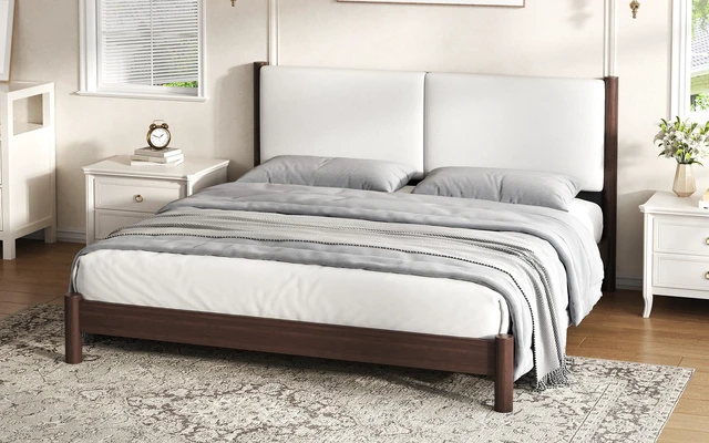 Alt view image 5 of 7 - Wooden Platform Bed with Leather Headboard, King, Espresso, PU, Beds Frames Bases