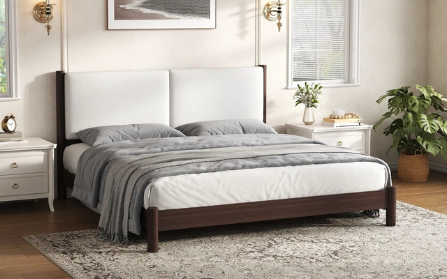 Alt view image 6 of 7 - Wooden Platform Bed with Leather Headboard, King, Espresso, PU, Beds Frames Bases