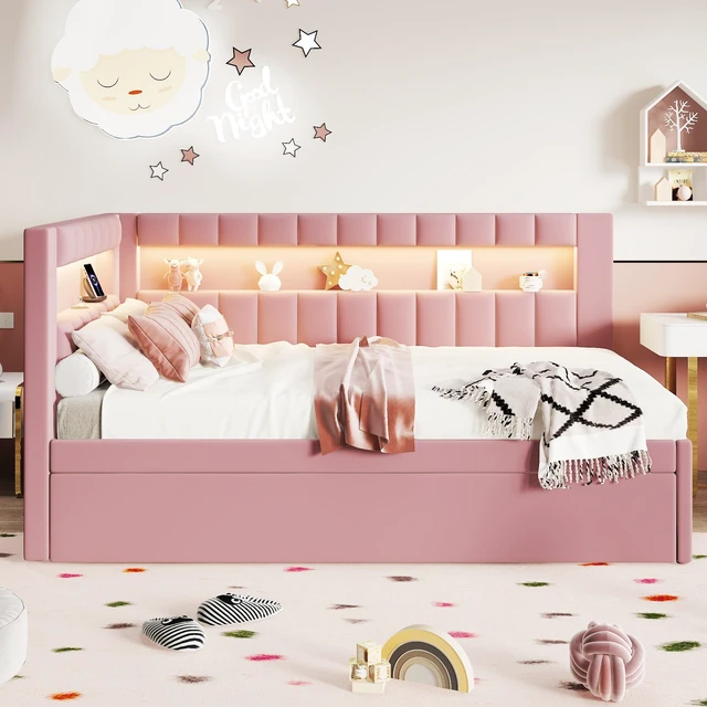 Alt view image 2 of 7 - Upholstered Twin Size Platform Bed with USB Ports and LED Belt, Trundle Old SKU, Pink, Wood, Beds Frames Bases