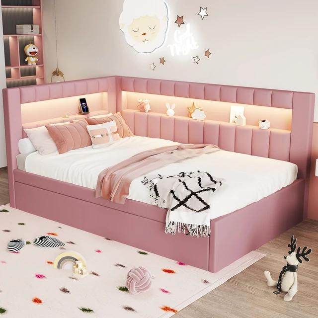 Alt view image 4 of 7 - Upholstered Twin Size Platform Bed with USB Ports and LED Belt, Trundle Old SKU, Pink, Wood, Beds Frames Bases
