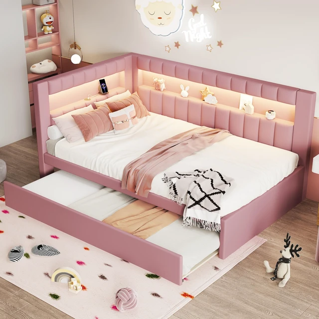 Alt view image 3 of 7 - Upholstered Twin Size Platform Bed with USB Ports and LED Belt, Trundle Old SKU, Pink, Wood, Beds Frames Bases