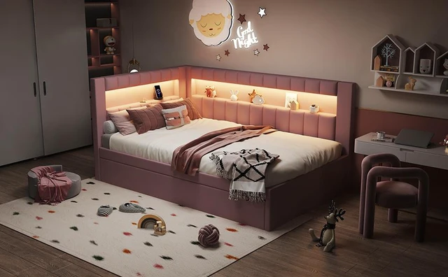 Alt view image 5 of 7 - Upholstered Twin Size Platform Bed with USB Ports and LED Belt, Trundle Old SKU, Pink, Wood, Beds Frames Bases