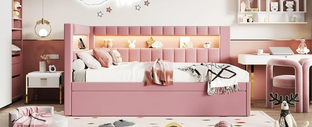 Alt view image 6 of 7 - Upholstered Twin Size Platform Bed with USB Ports and LED Belt, Trundle Old SKU, Pink, Wood, Beds Frames Bases
