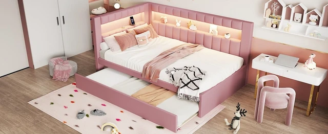 Alt view image 7 of 7 - Upholstered Twin Size Platform Bed with USB Ports and LED Belt, Trundle Old SKU, Pink, Wood, Beds Frames Bases