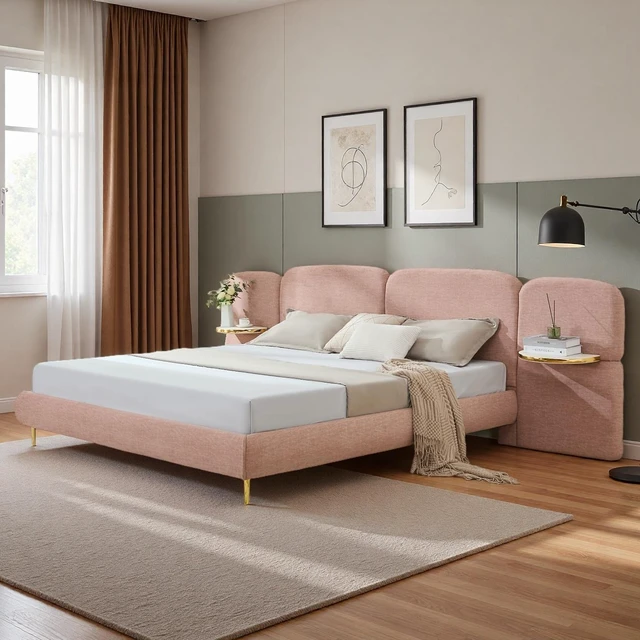 Main image of Upholstered Platform Bed with Block Shaped Headborad, Platform Bed Frame with Side Panel Nightstands Box Spring Needed