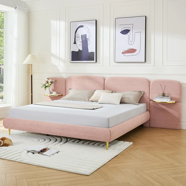 Alt view image 3 of 7 - Upholstered Platform Bed with Block Shaped Headborad, Platform Bed Frame with Side Panel Nightstands Box Spring Needed