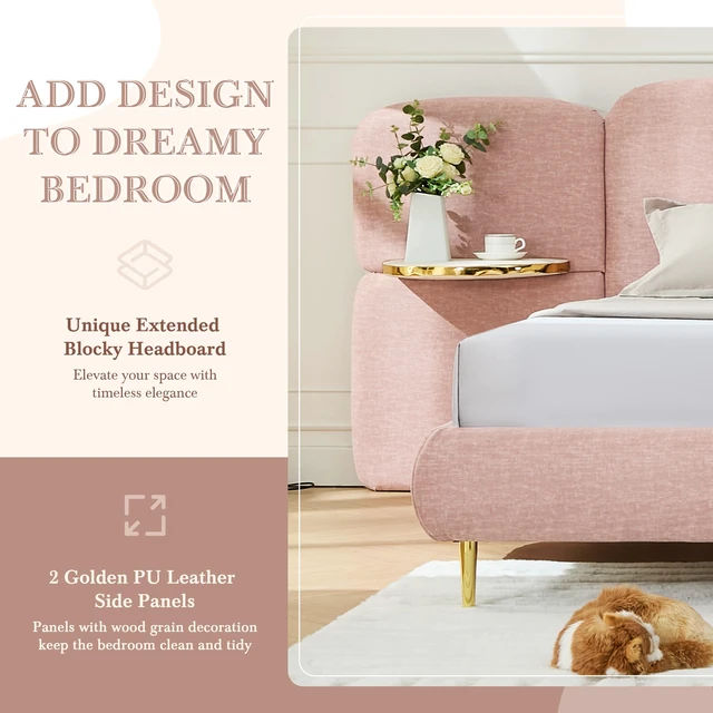 Alt view image 5 of 7 - Upholstered Platform Bed with Block Shaped Headborad, Platform Bed Frame with Side Panel Nightstands Box Spring Needed