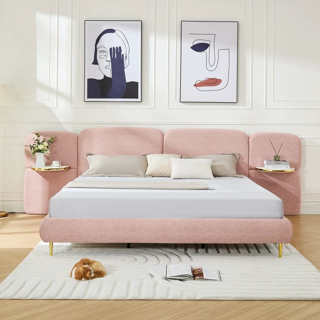 Alt view image 4 of 7 - Upholstered Platform Bed with Block Shaped Headborad, Platform Bed Frame with Side Panel Nightstands Box Spring Needed