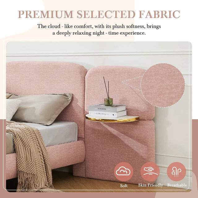 Alt view image 6 of 7 - Upholstered Platform Bed with Block Shaped Headborad, Platform Bed Frame with Side Panel Nightstands Box Spring Needed