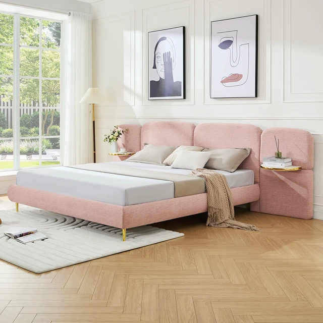 Alt view image 2 of 7 - Upholstered Platform Bed with Block Shaped Headborad, Platform Bed Frame with Side Panel Nightstands Box Spring Needed