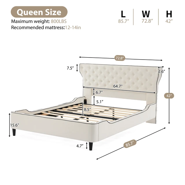 Alt view image 3 of 7 - Queen Size Upholstered Platform Bed with Curved Back Headboard and Button Tufted Design, Platform Bed with Piping Frame